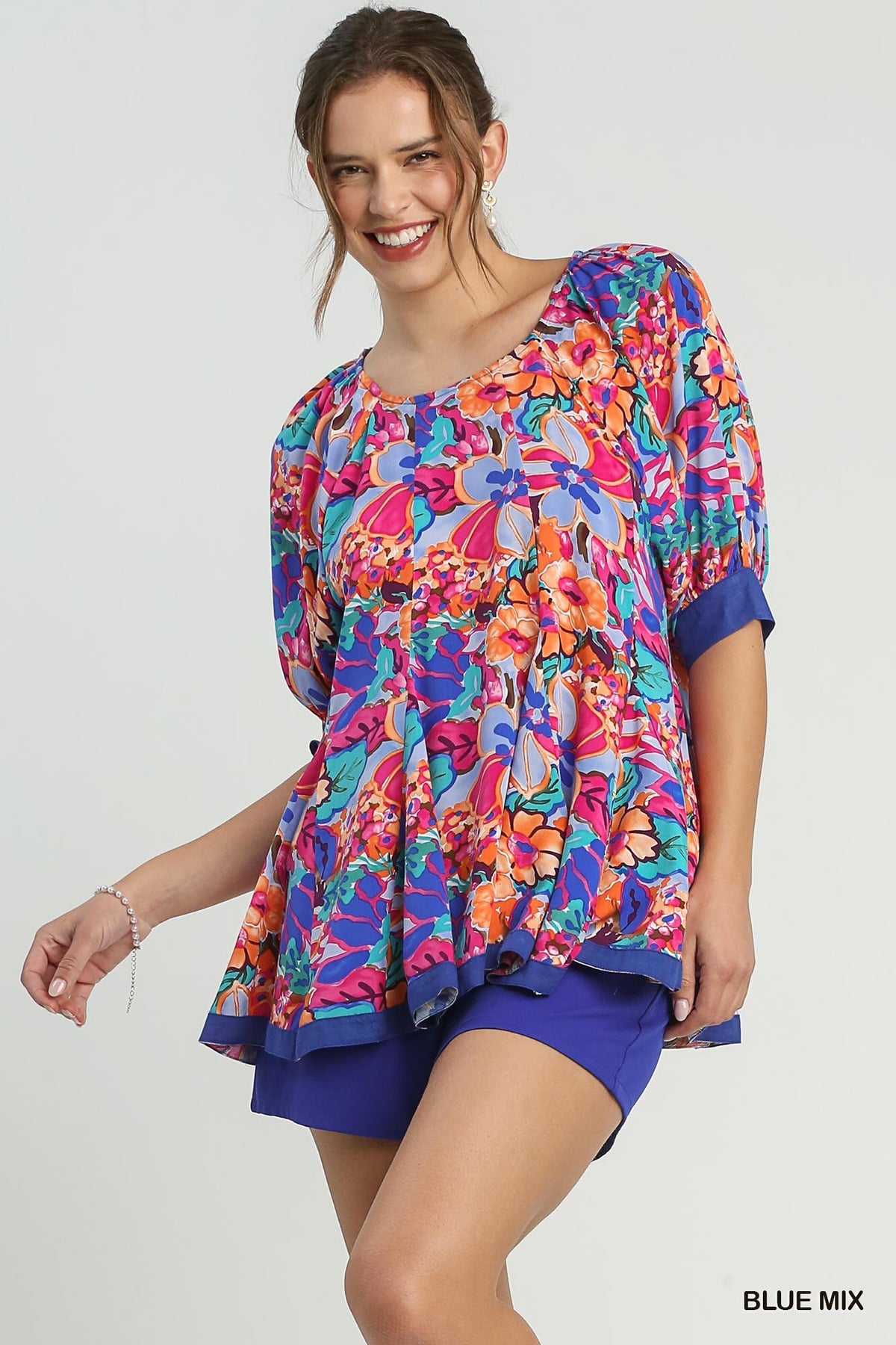 Floral Print Round Neck Pleated Baby Doll Top With 3/4 Sleeves