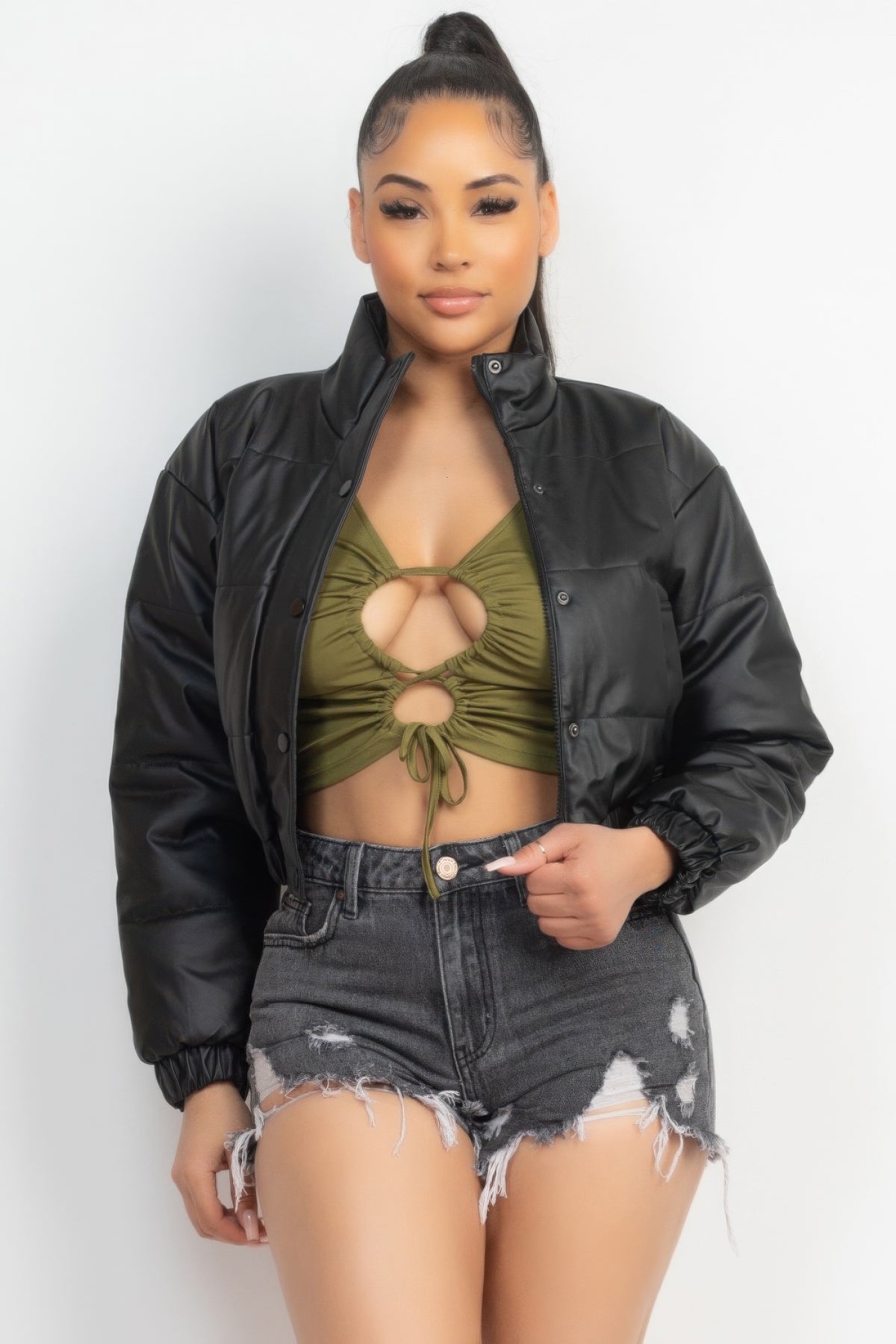 Snap Button Padded Crop Jacket