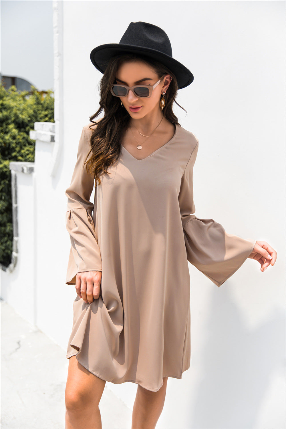 Trumpet Sleeve V Neck Dress