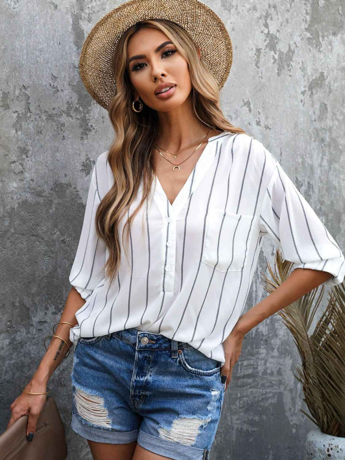 Striped V-Neck High-Low Shirt with Breast Pocket