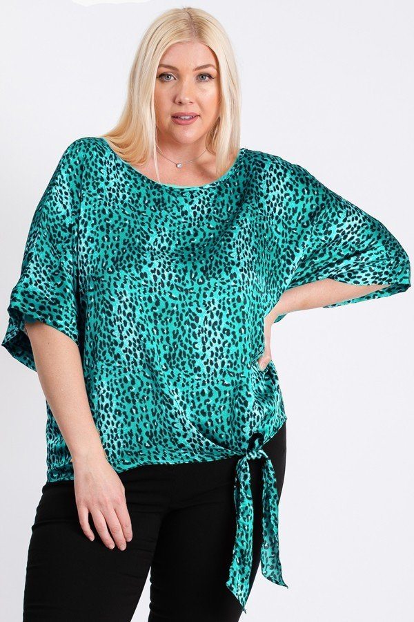 Short Sleeve Side Knot Hemline Leopard Print Woven Top