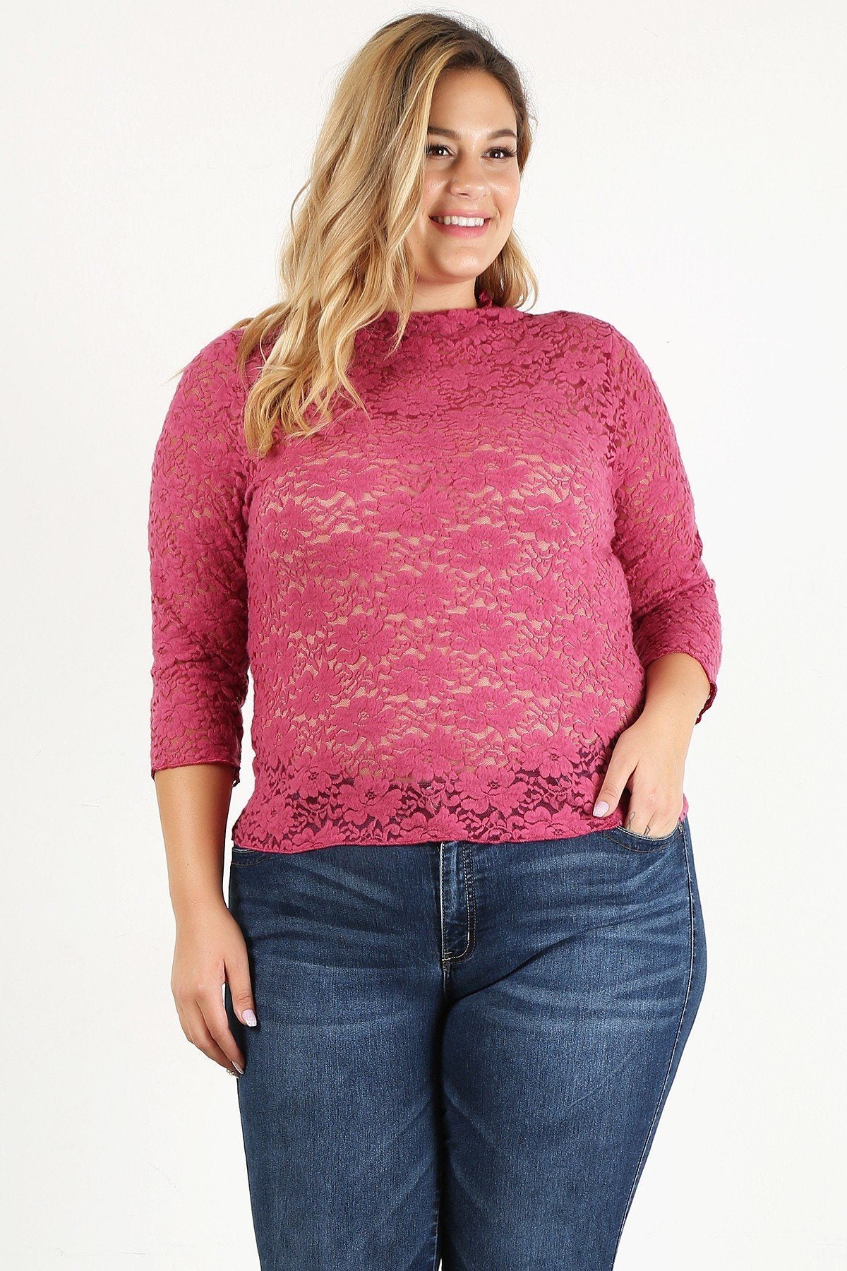 Plus Size Sheer Lace Fitted Top