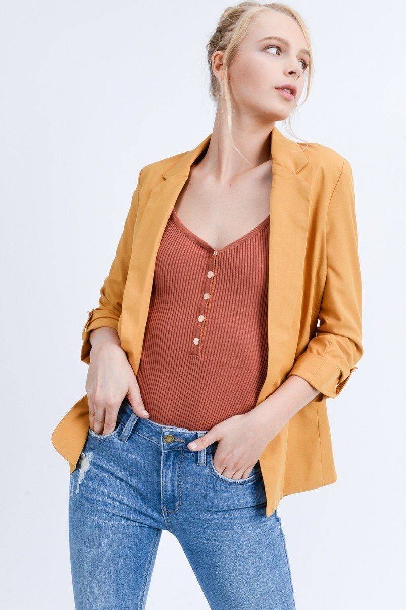 Open Front Roll Up Sleeve Blazer Jacket