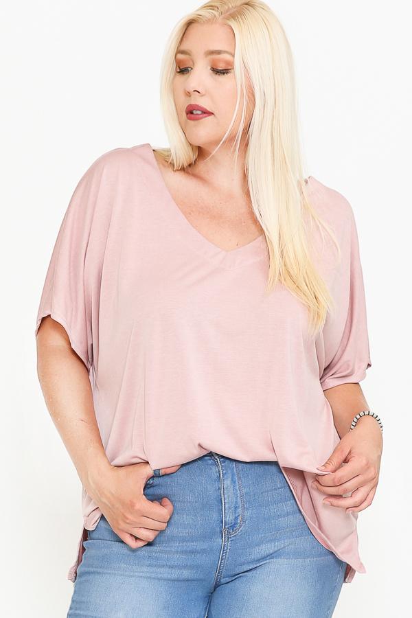 Side Slit With V-neck Dolman Short Sleeve Solid Blouse