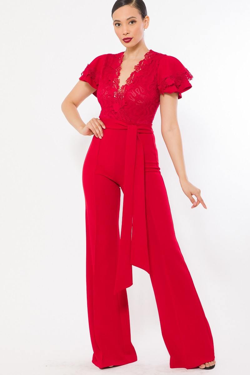 Deep V Crochet Lace Jumpsuit