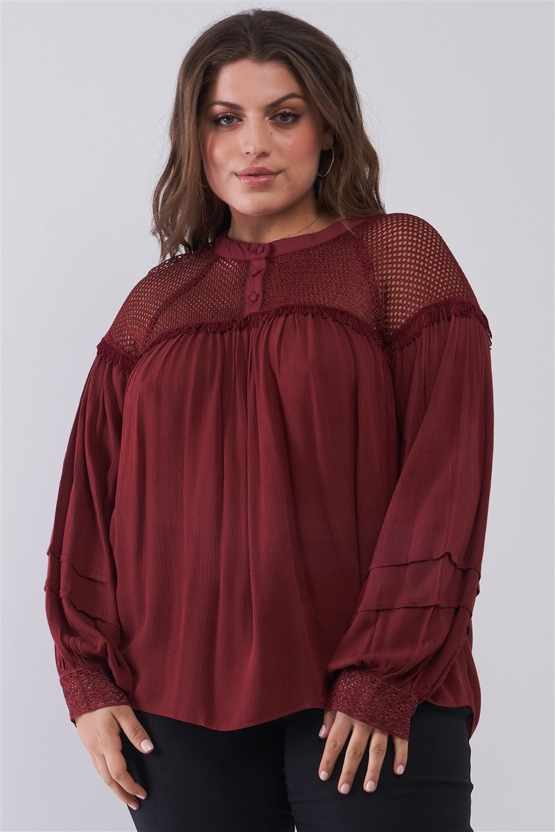 Plus Size Boho Sheer Net Mesh Balloon Sleeve Detail Relaxed Top