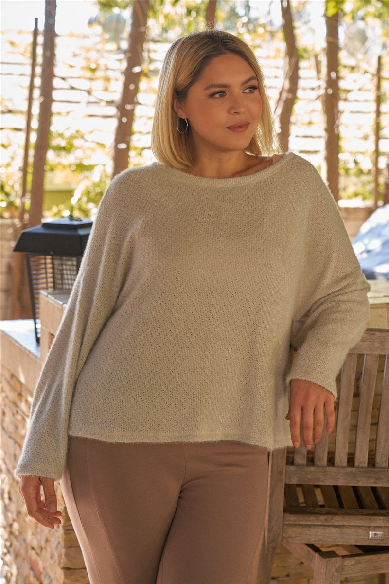 Plus Light-grey Fuzzy Round Neck Long Sleeve Relaxed Fit Cozy Sweatshirt