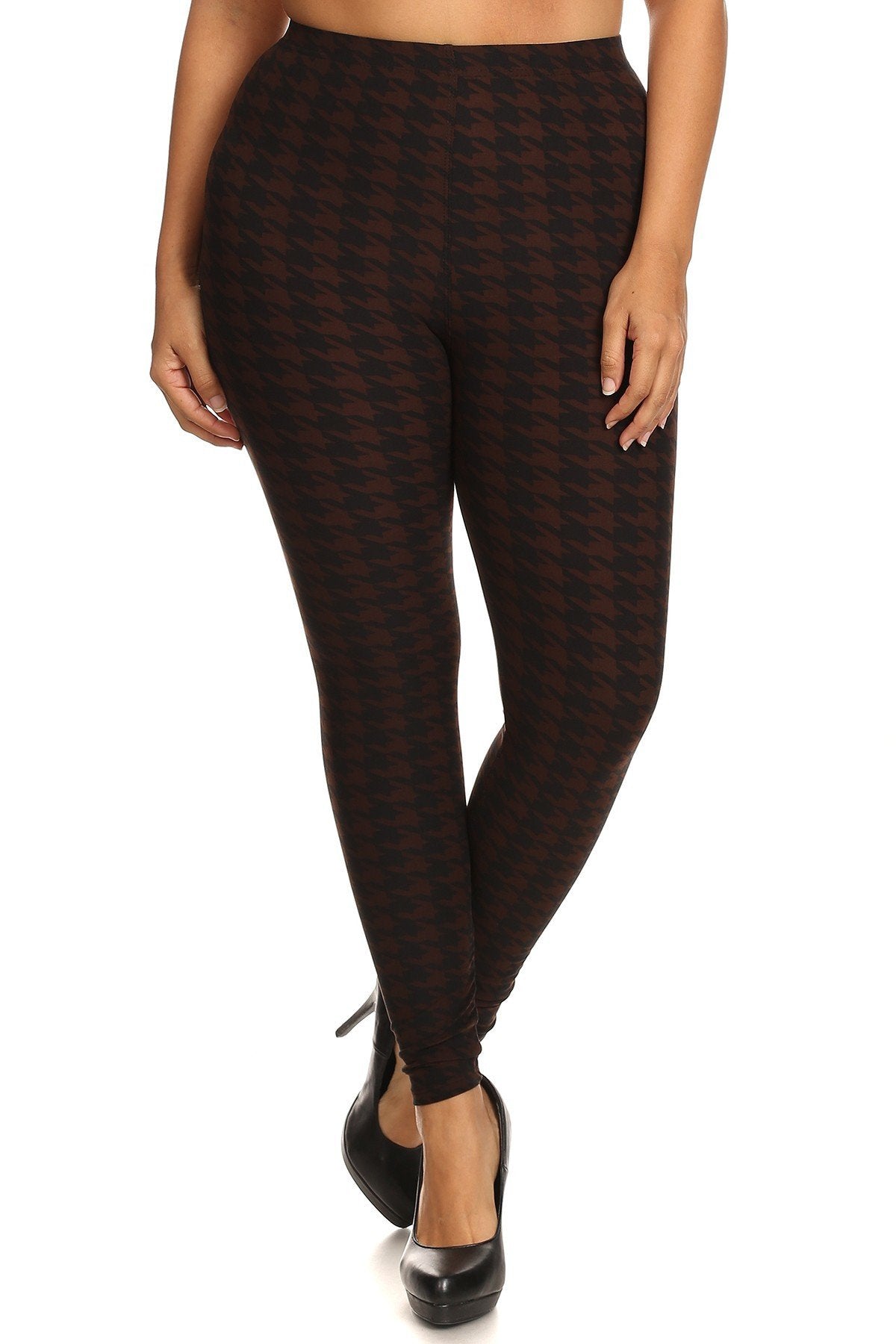 Plus Size Houndstooth Print, Full Length Leggings In A Slim Fitting Style With A Banded High Waist