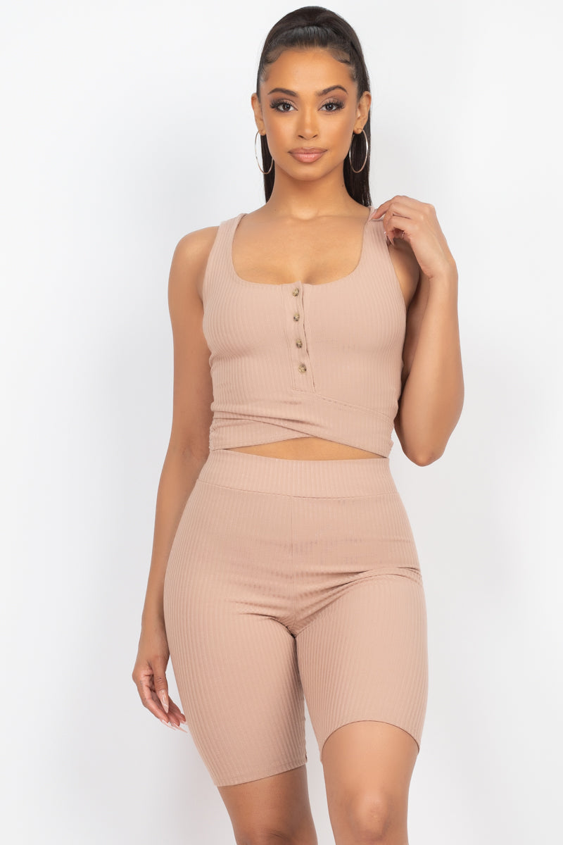 Buttons Scoop Neck Crop Top & Biker Shorts Set