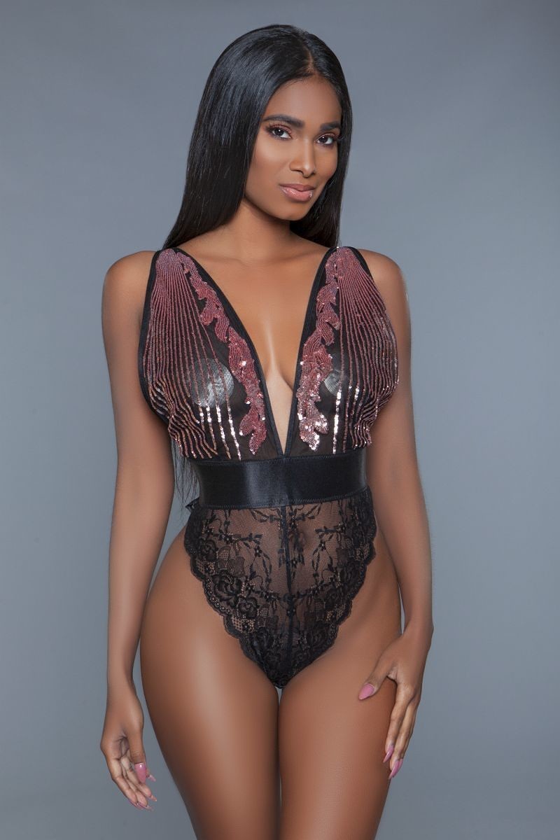 1 pc. cut-out lace bottoms with raspberry-pink sequins plunging sheer neckline