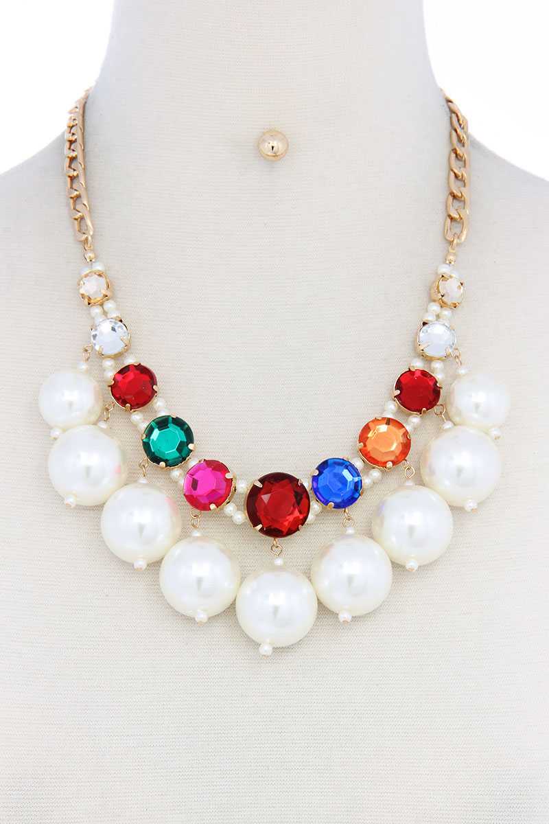 Rhinestone Pearl Dangle Necklace