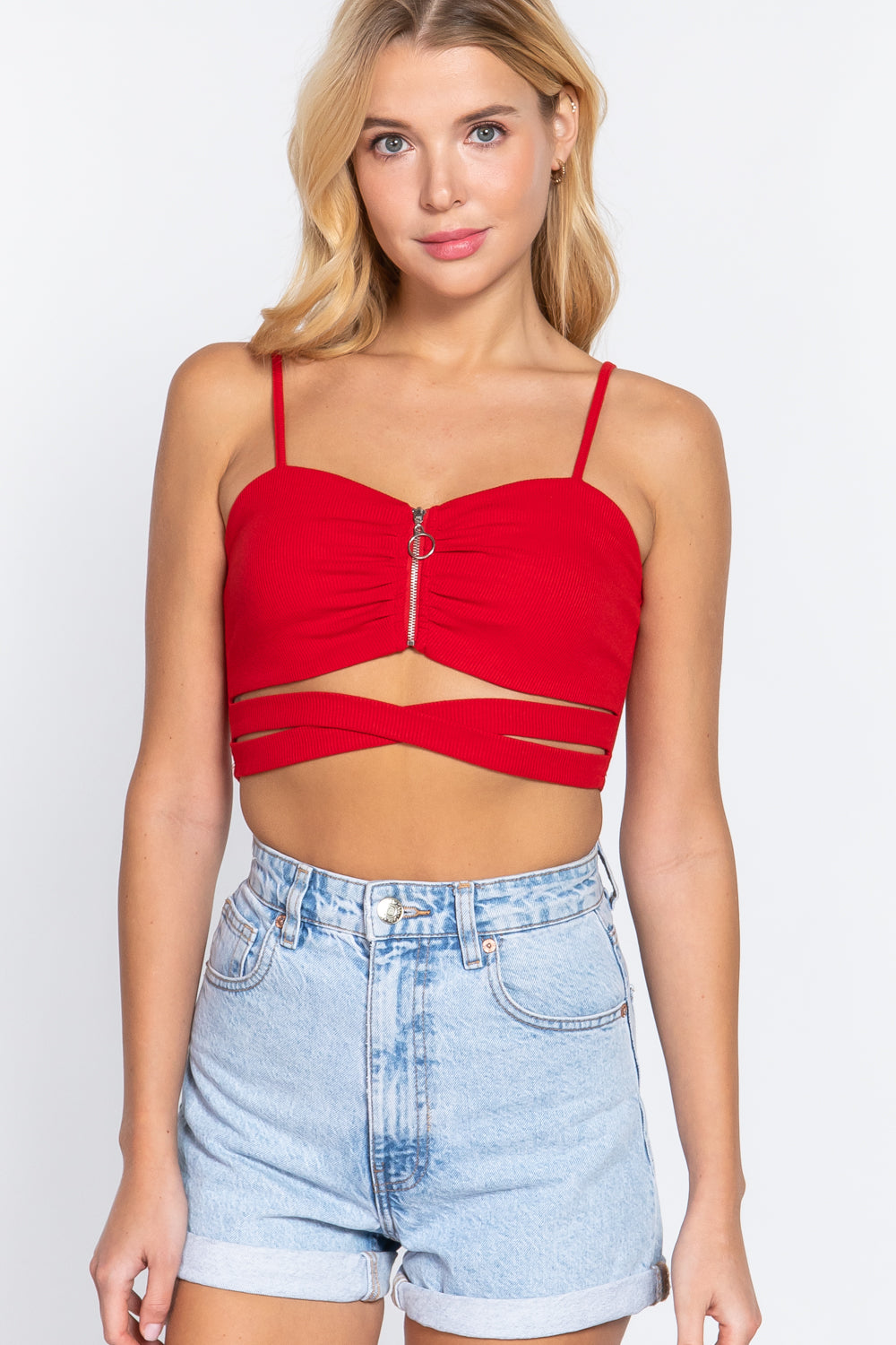 Zippered Cross Rib Knit Crop Cami