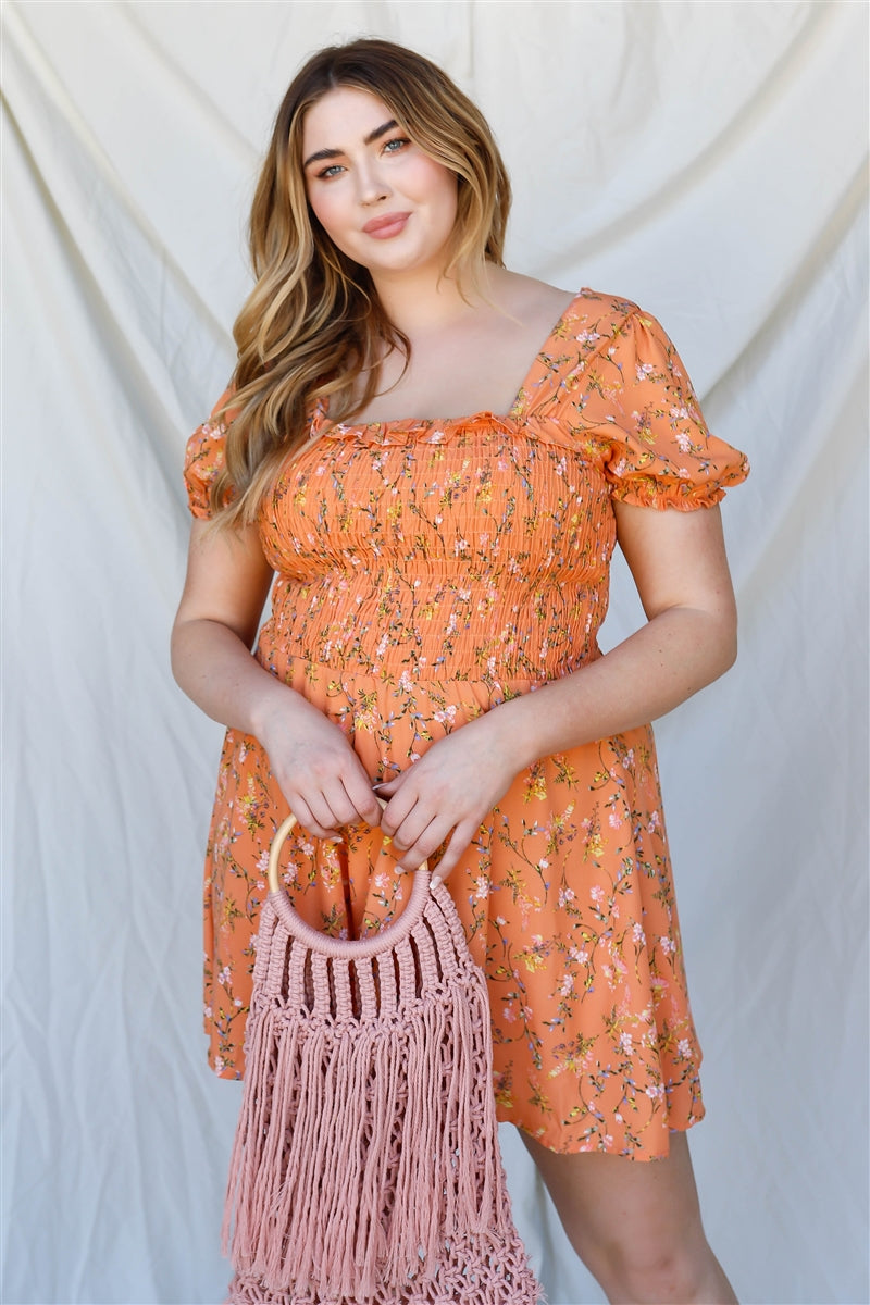 Plus Apricot Floral Print Smocked Puff Short Sleeve Romper