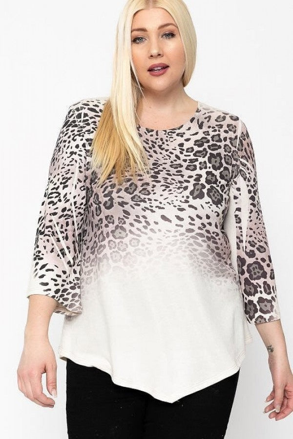 Print Top Featuring A Round Neckline And 3/4 Bell Sleeves