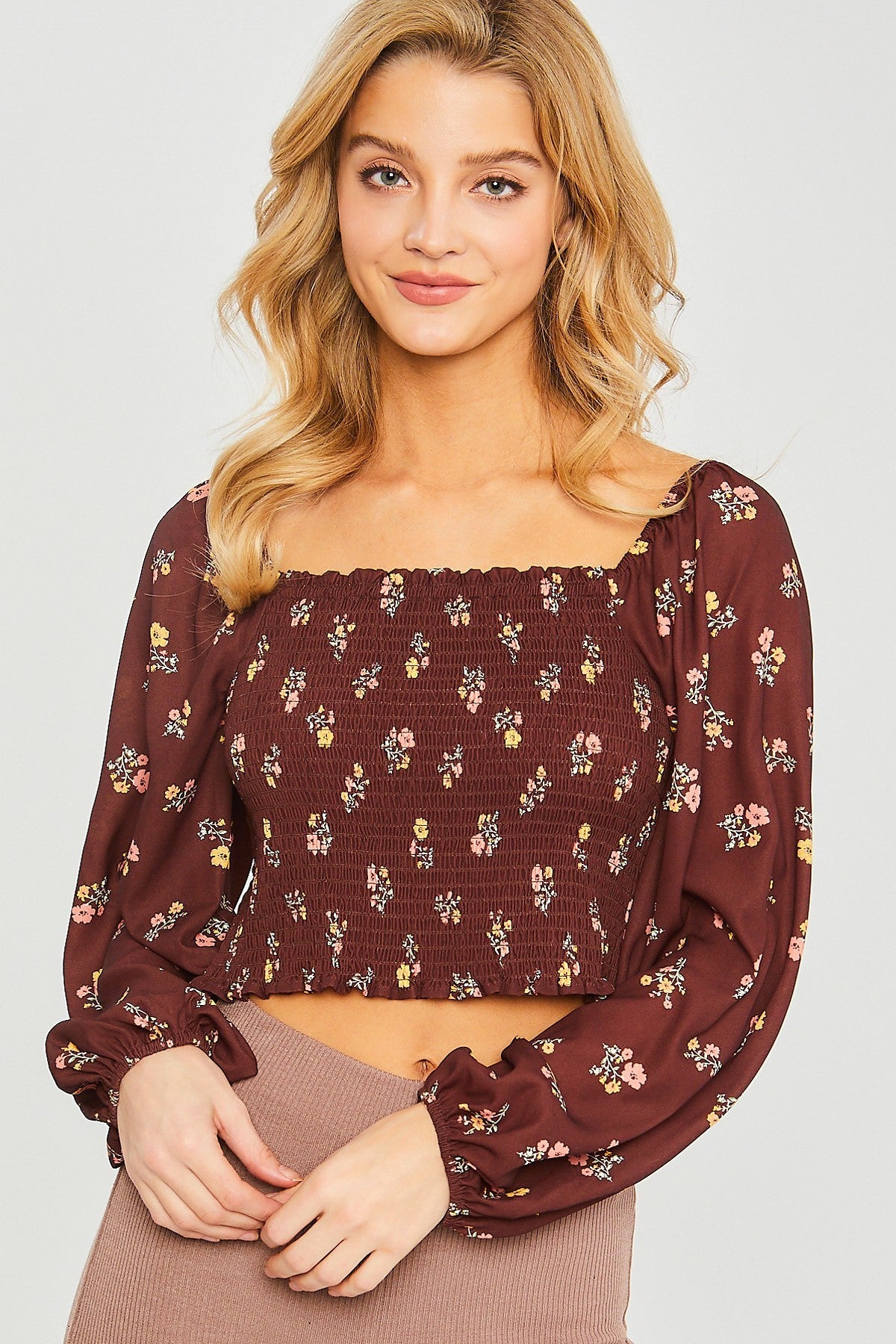 Woven Print Smocked Long Sleeve