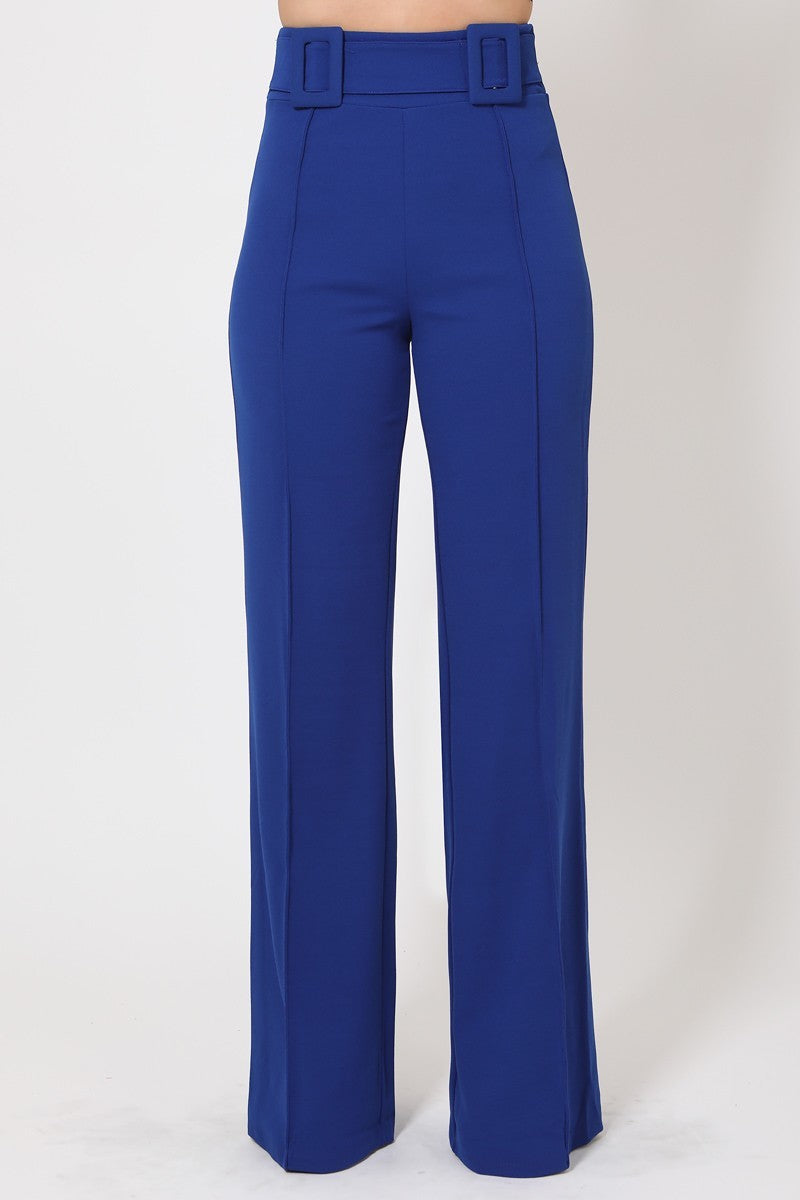 High Waist Pants With Self Fabric Buckle Detail On The Waist