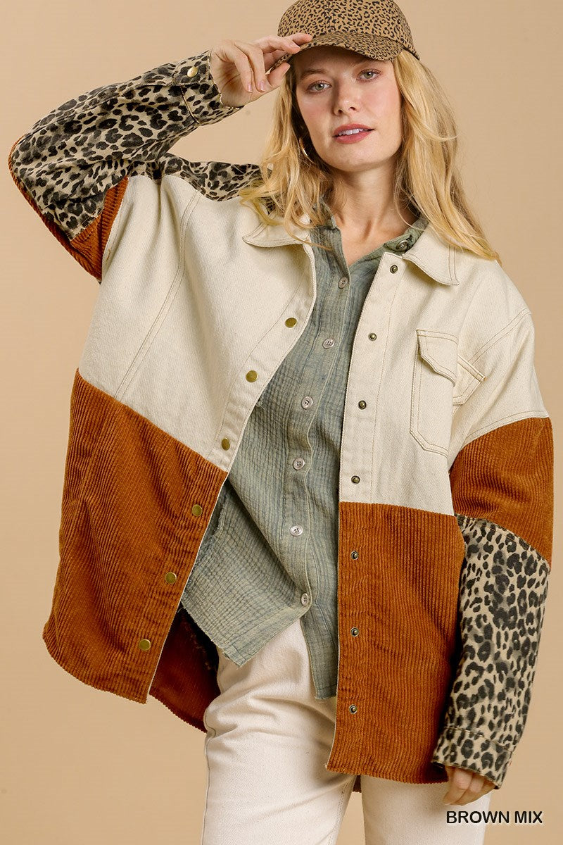 Mineral wash color block mixed print jacket