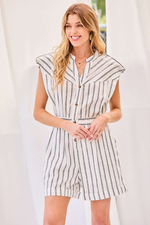 Notched Neck Button Elastic Band Waist Stripe Print Romper