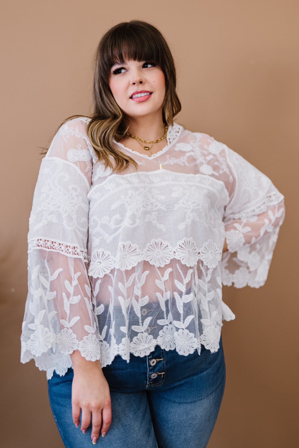 Davi & Dani Lace Oasis Full Size Run Bell Sleeve Top