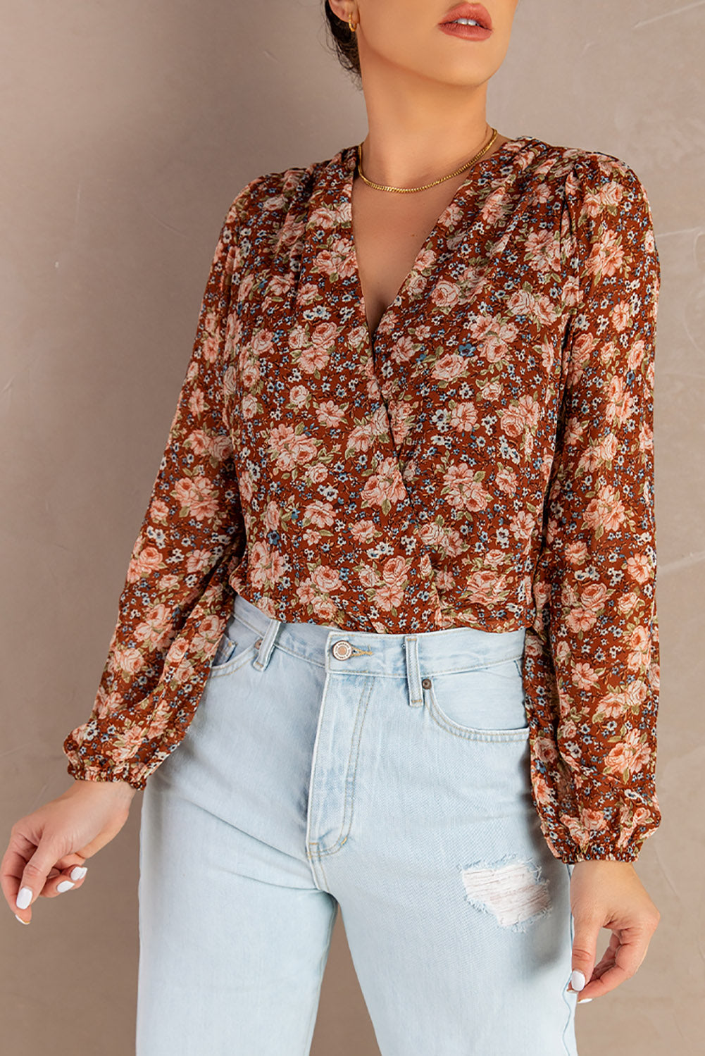 Floral Balloon Sleeve Surplice Blouse